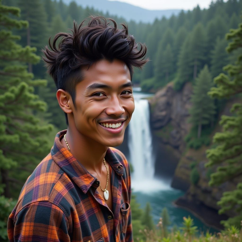 Handsome Man on Cliff Overlooking Waterfall