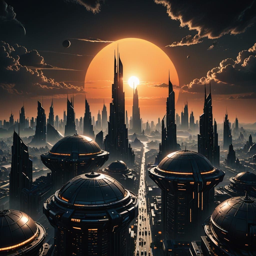 Black Sun Rises Over Futuristic Cityscape