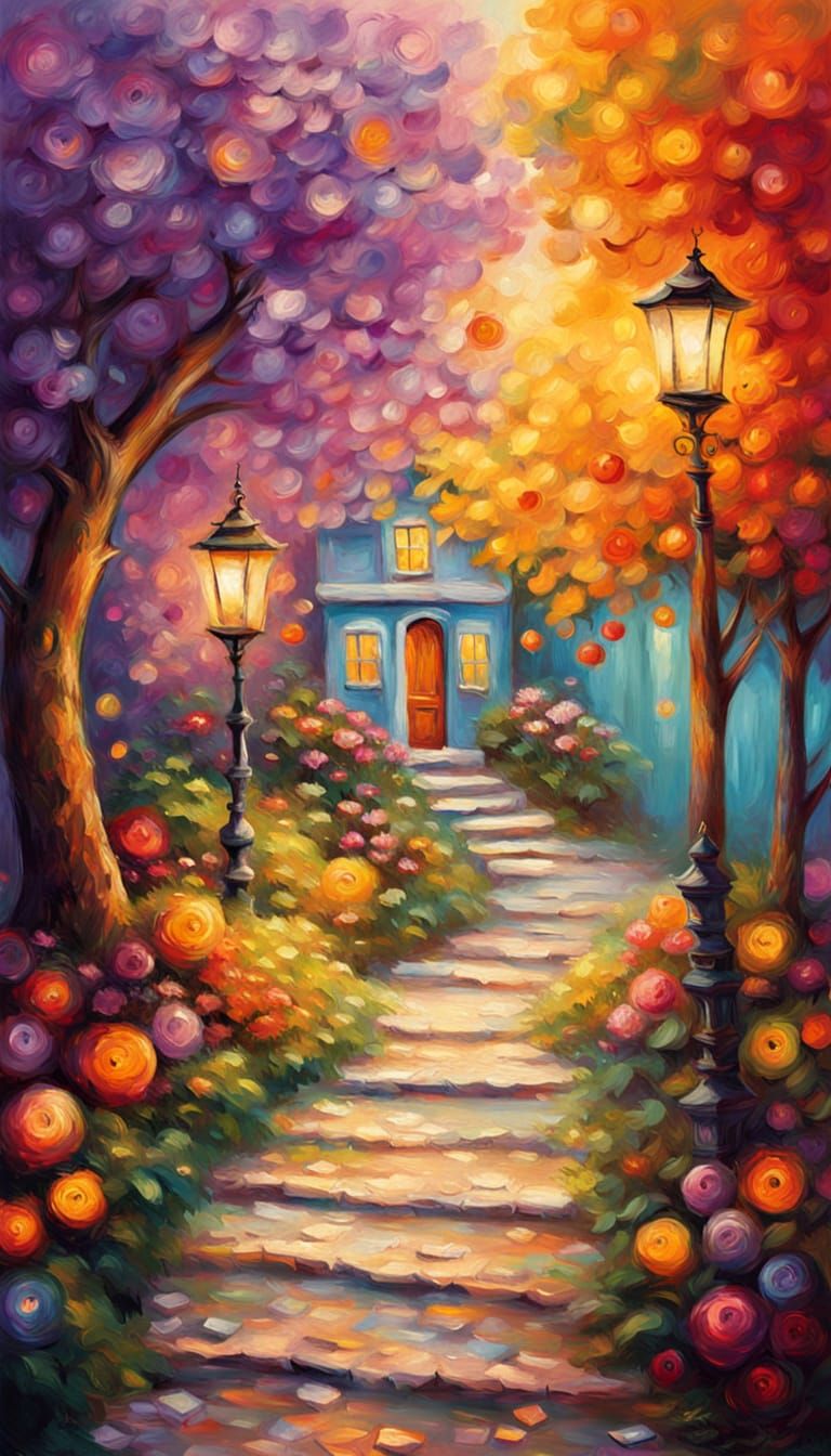 Whimsical Fairy Door Path in Impressionist Style