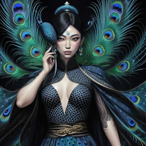 Dotted Skin Asian Woman with Peacock Feathers