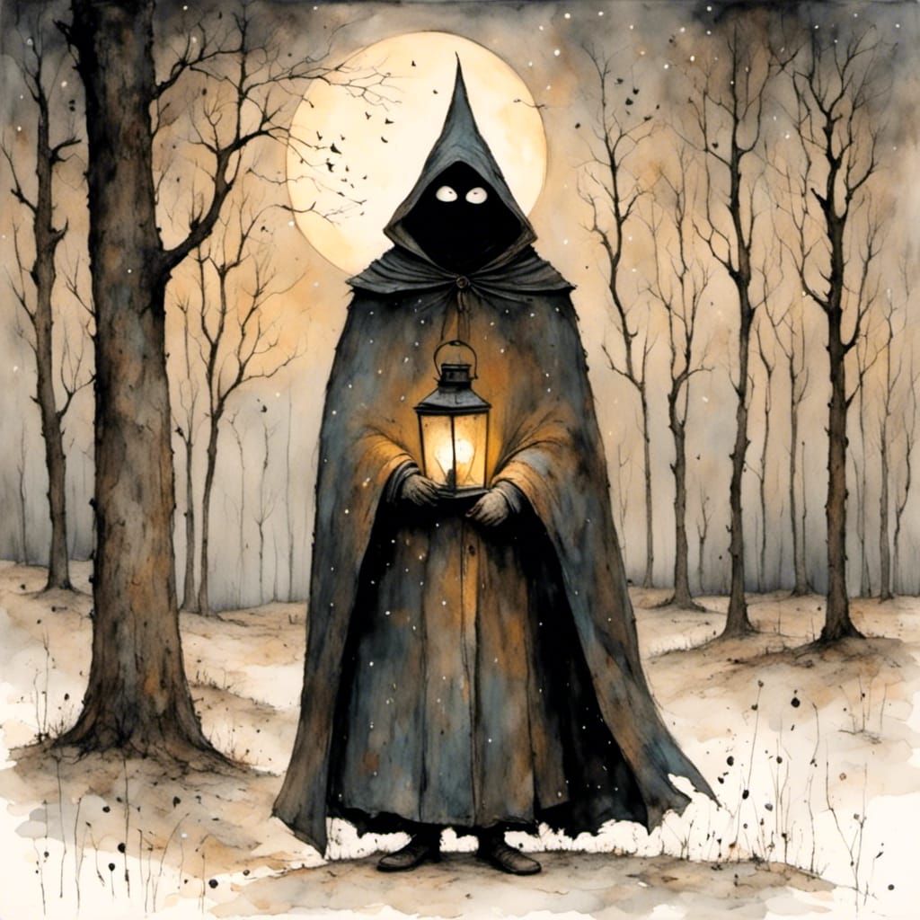 Masked Figure with Lantern at Edge of Woods