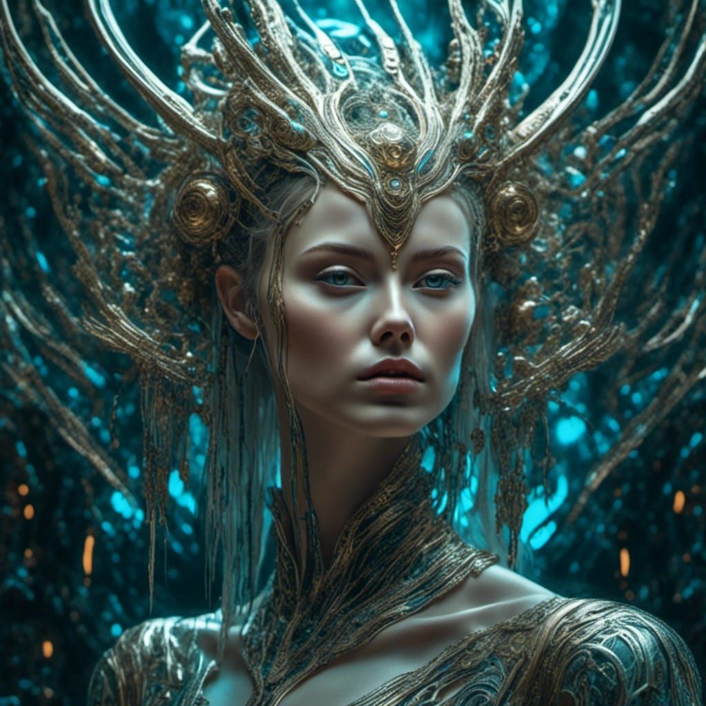 Cyber-Organic Woman in Bioluminescent Lunar Punk Forest