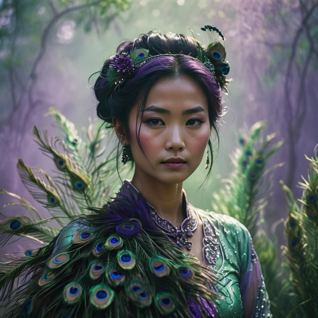 Asian Woman with Peacock Feathers in Pastel Mist