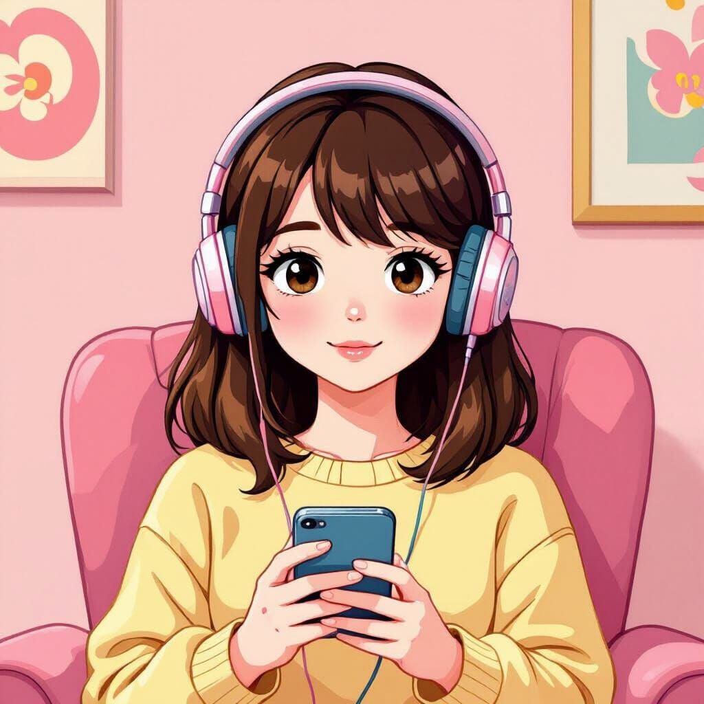 Girl Listening to Music in Murakami-Inspired Style
