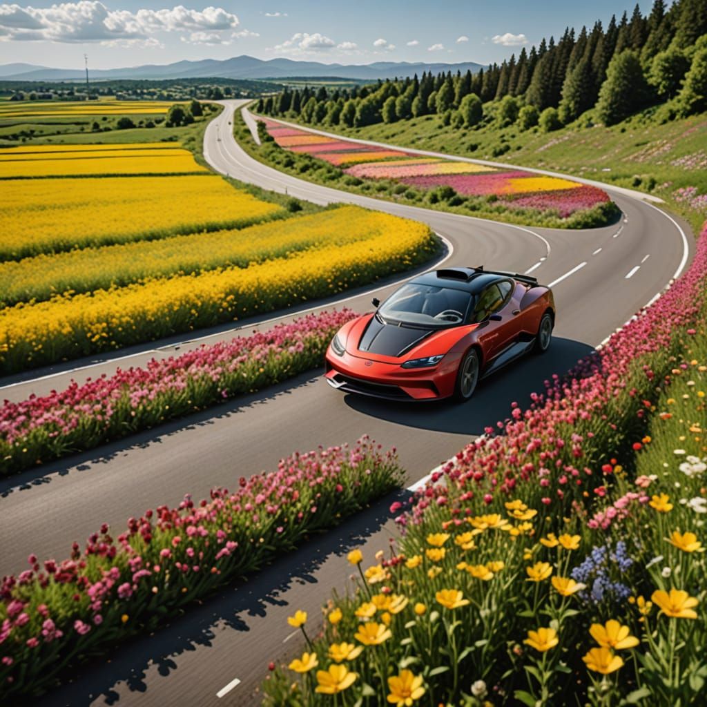 Hovercar Zooms Through Vibrant Flower Field in Futuristic St...