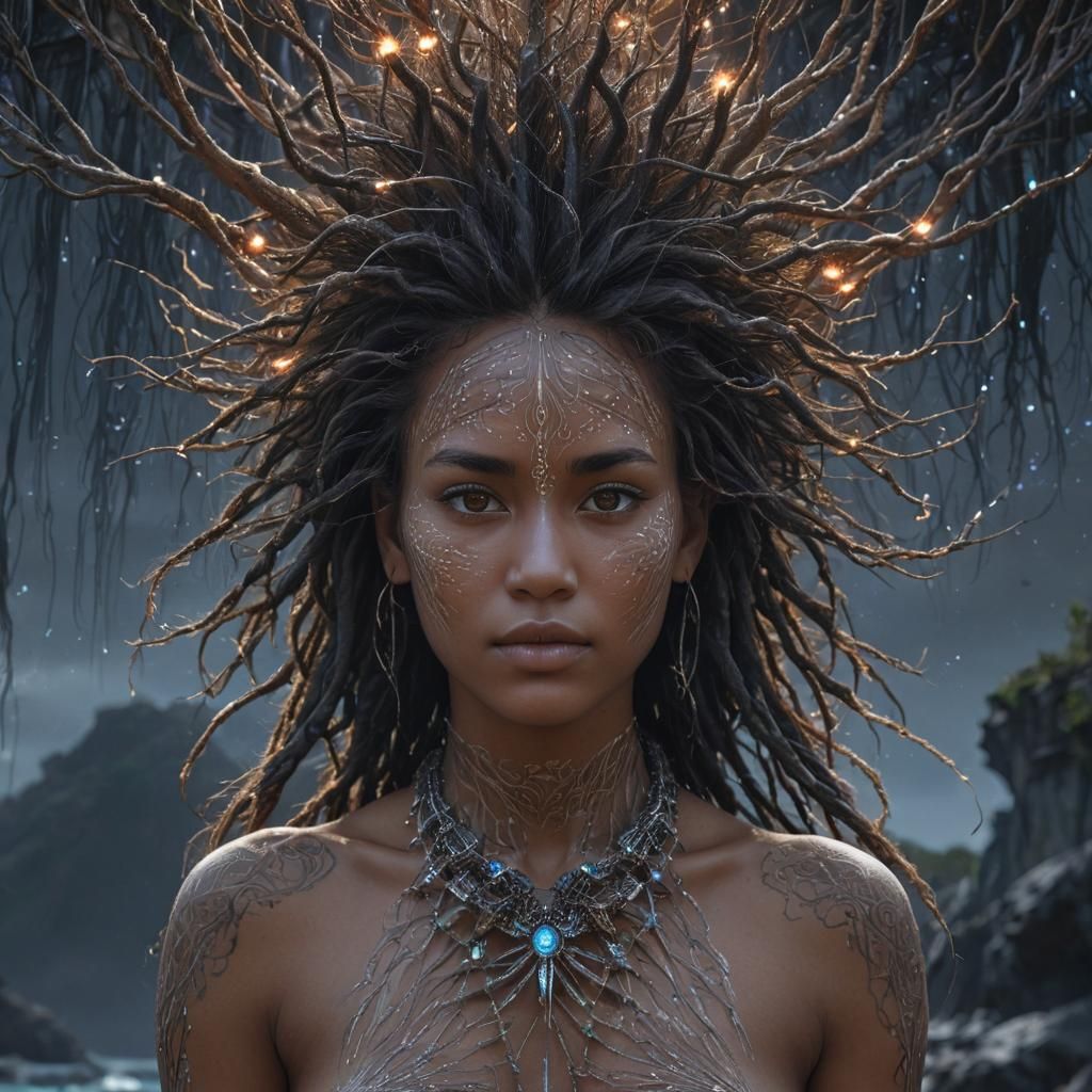 Polynesian Woman with Fractal Hair in Digital Dreamscape