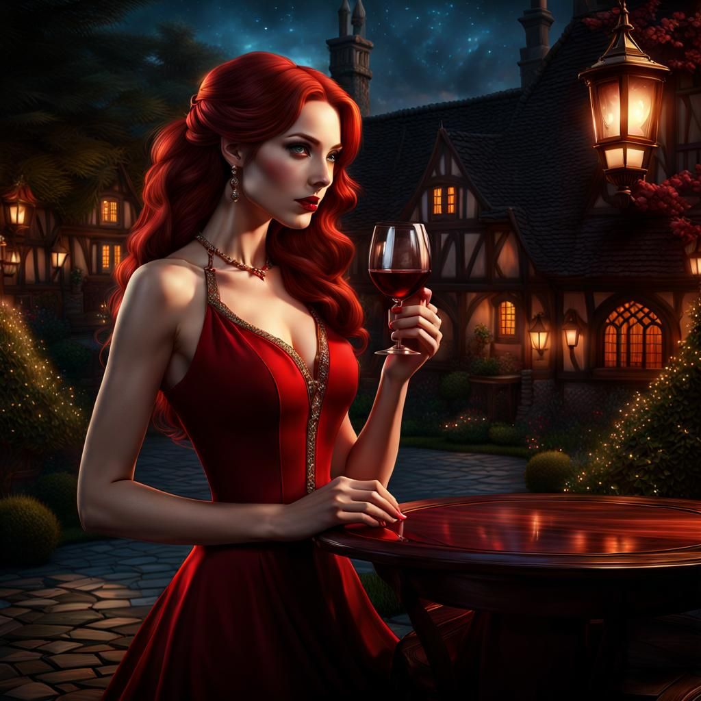 Auburn Haired Woman Sipping Wine: Fantasy Concept Art