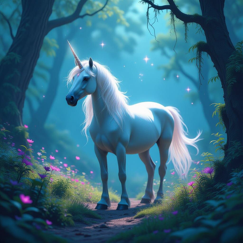 Majestic Unicorn in Bioluminescent Enchanted Forest