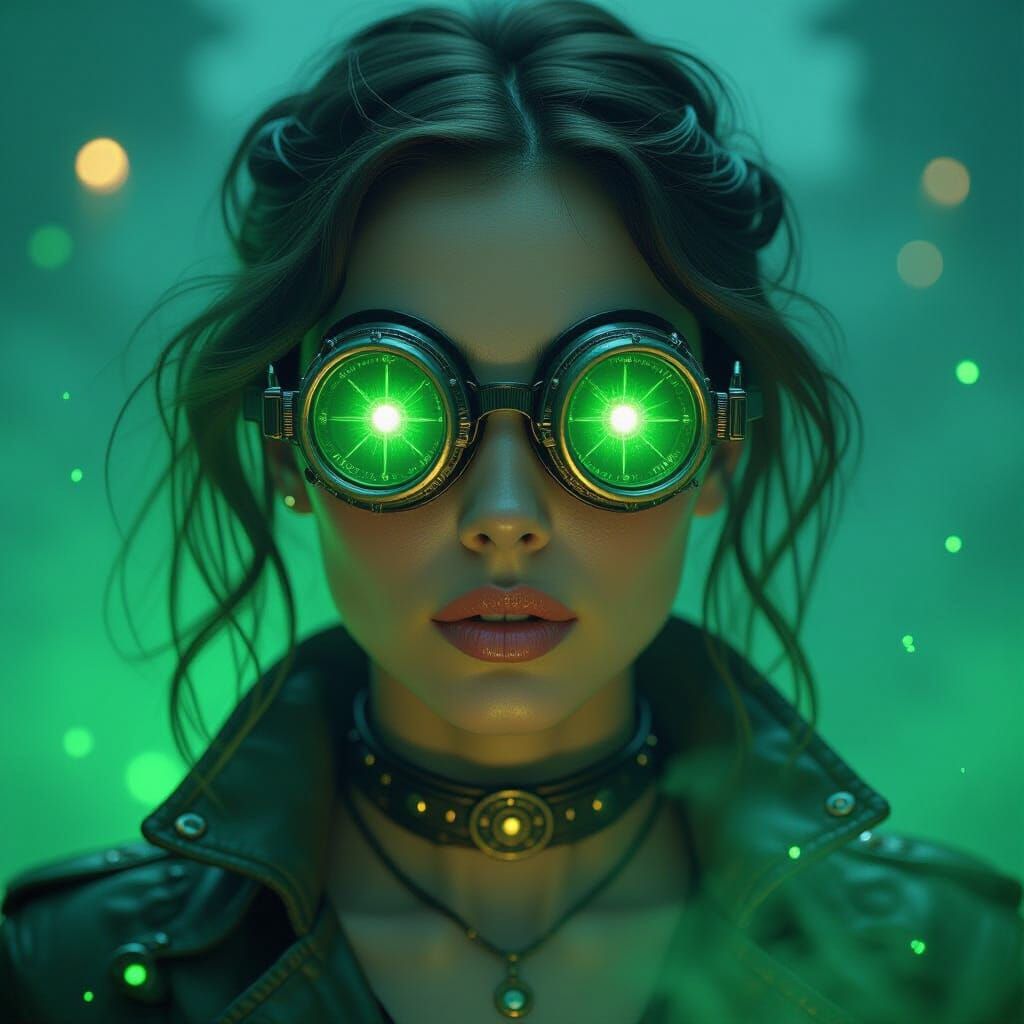 Steampunk Woman in Luminous Green Mist