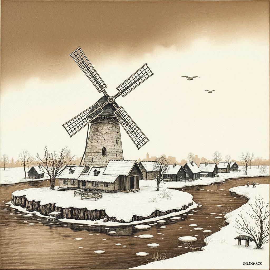 Winter Village Windmill in Detailed Monochromatic Style