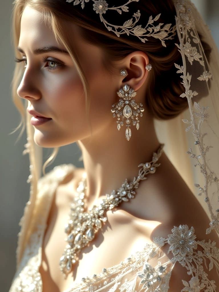 Elegant Bride in Hyperrealistic Lace and Satin Wedding Gown