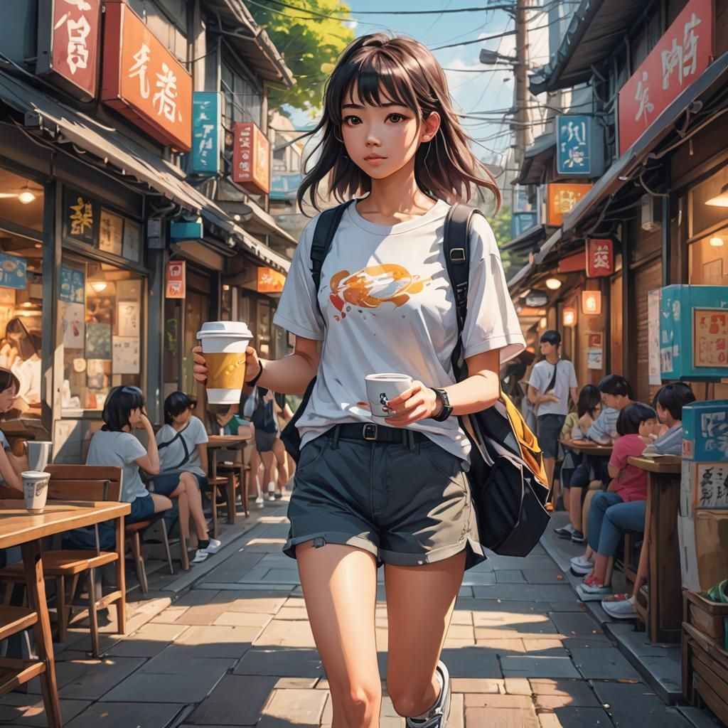 Anime Student Girl with Coffee: Digital Art