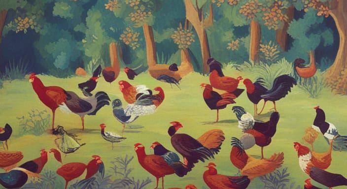 Colorful Roosters in Farmyard Scenery: Hyperrealistic Concep...