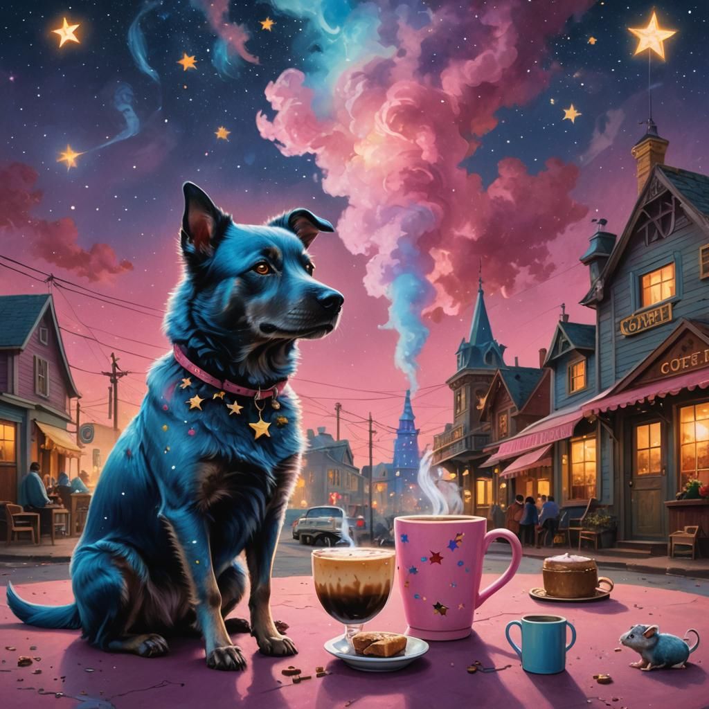 Blue Star Dog and Coffee Rat in Oil Painting