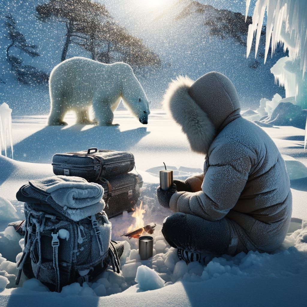 Man Camping in Arctic Wilderness with Polar Bear