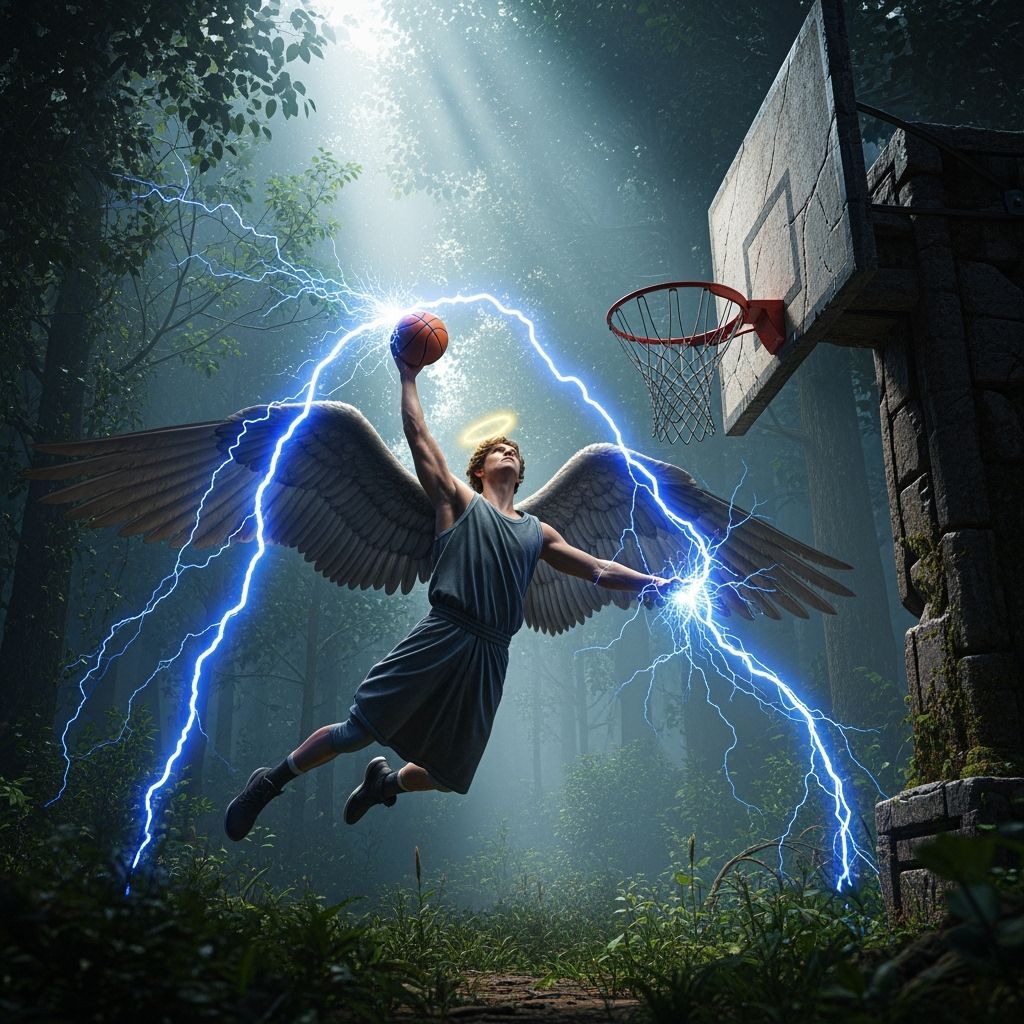 Three-Winged Angel Dunking Basketball with Lightning in Wild...