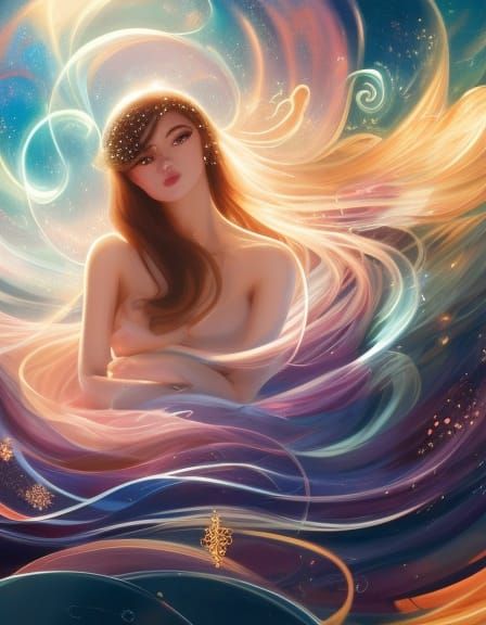 Charming Woman in Space Coffee Shop: Anime Portrait