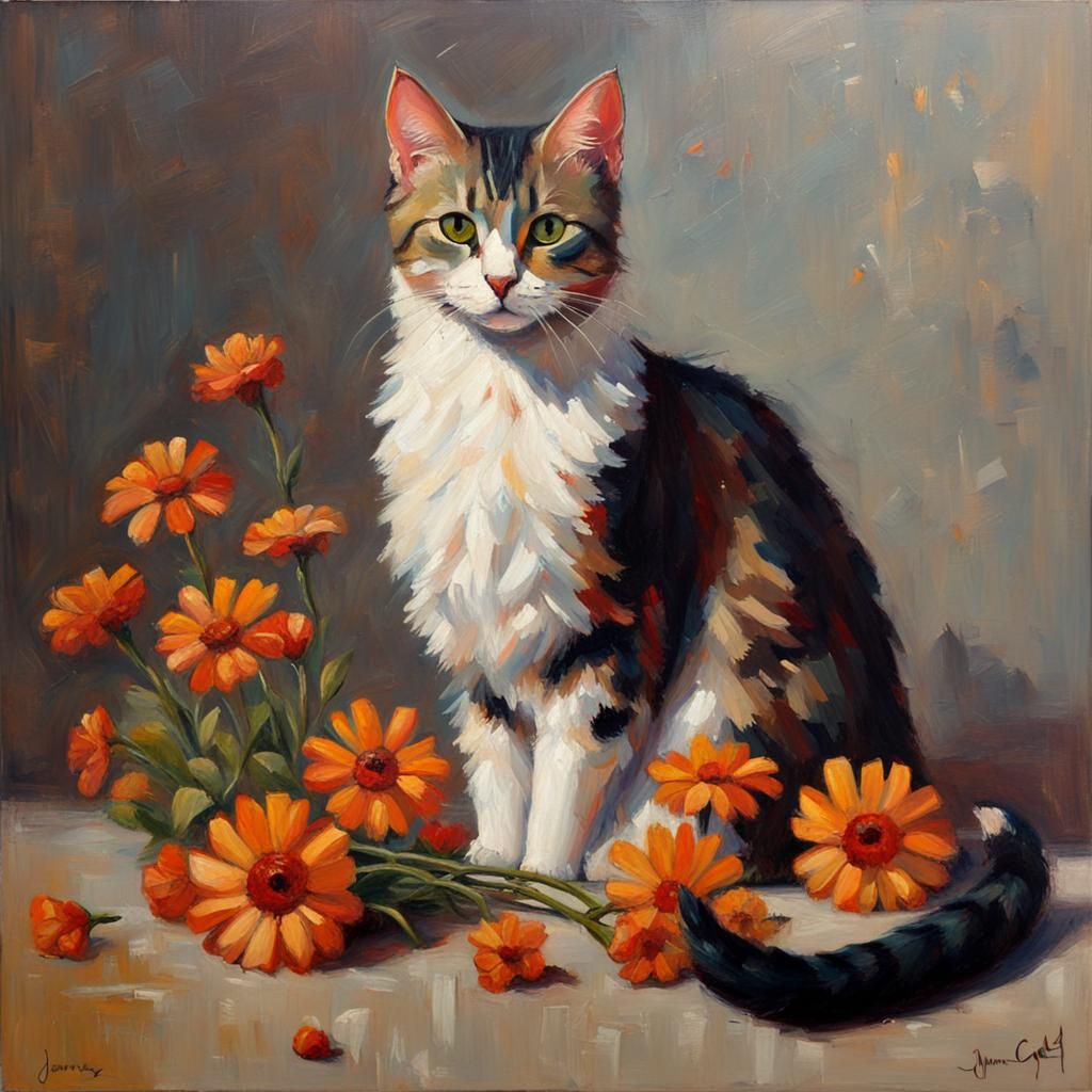 Cat Surrounded by Flowers as Oil Painting
