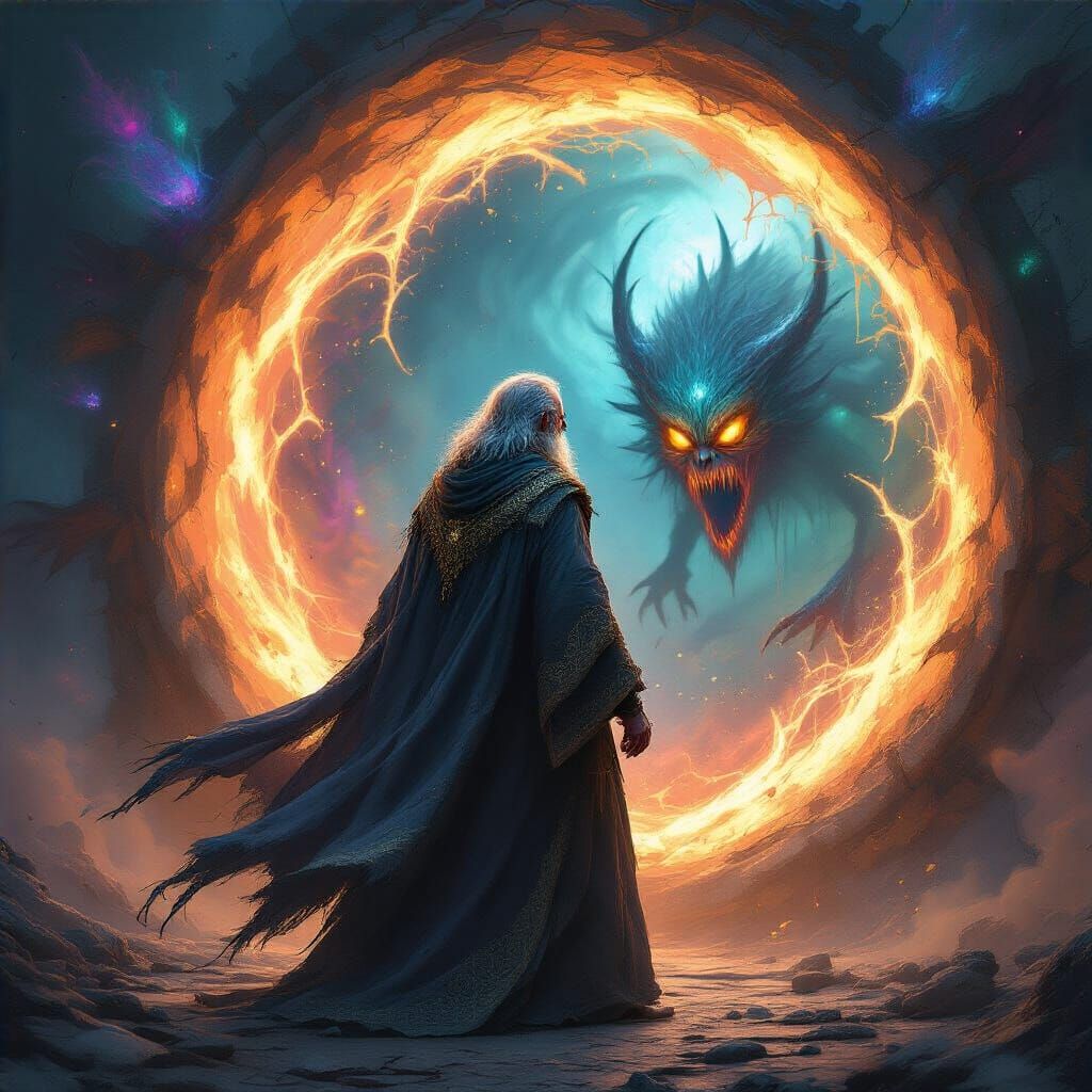 Lone Mage Defies Abyssal Portal in Hyperrealistic Art
