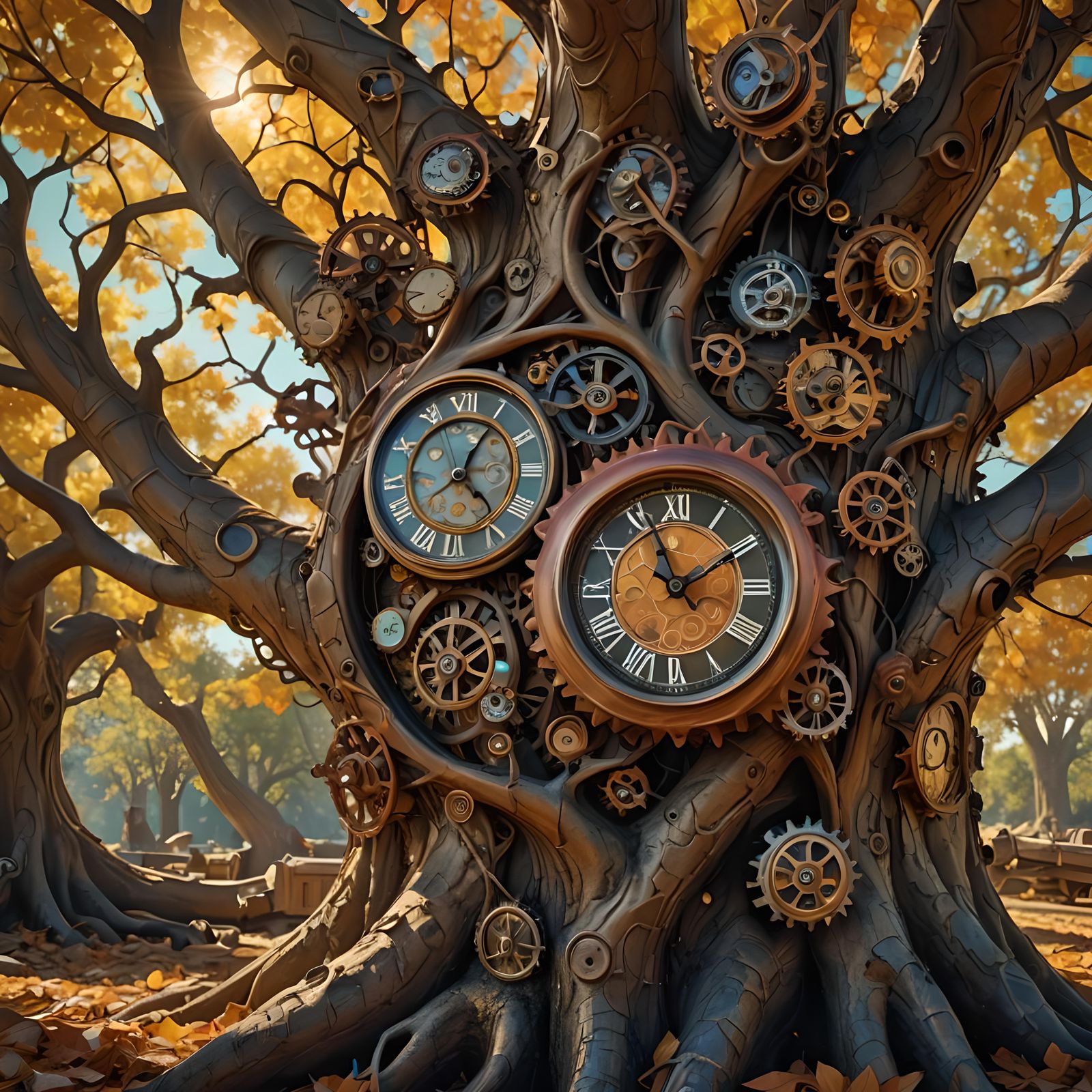 Clocks Naturally Formed Into Tree: Fantasy Concept Art