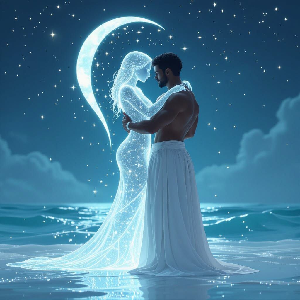 Man Embraces Starry Female Phantom Under Moonlight