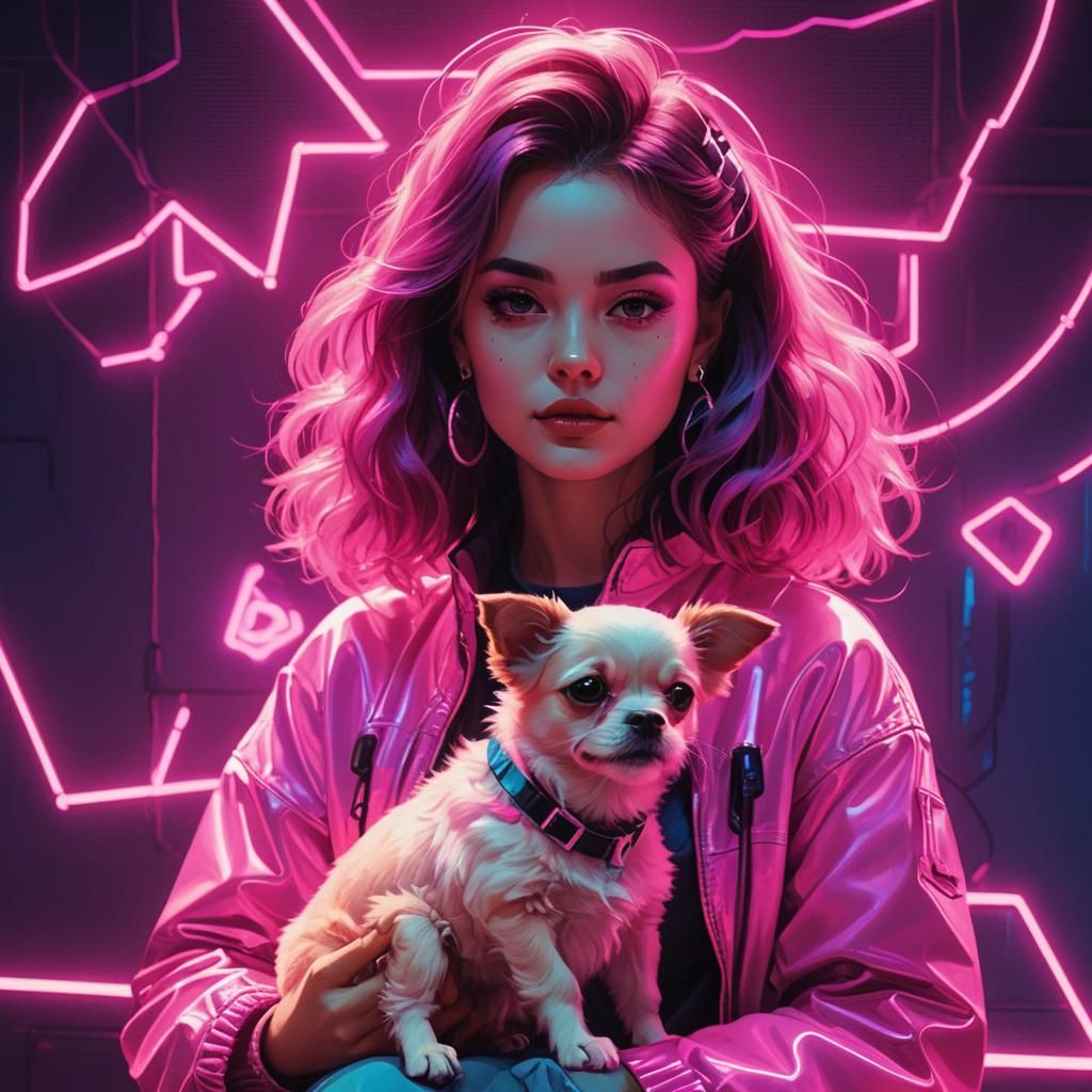 Girl with Dog: Synthwave Neon Retro Art