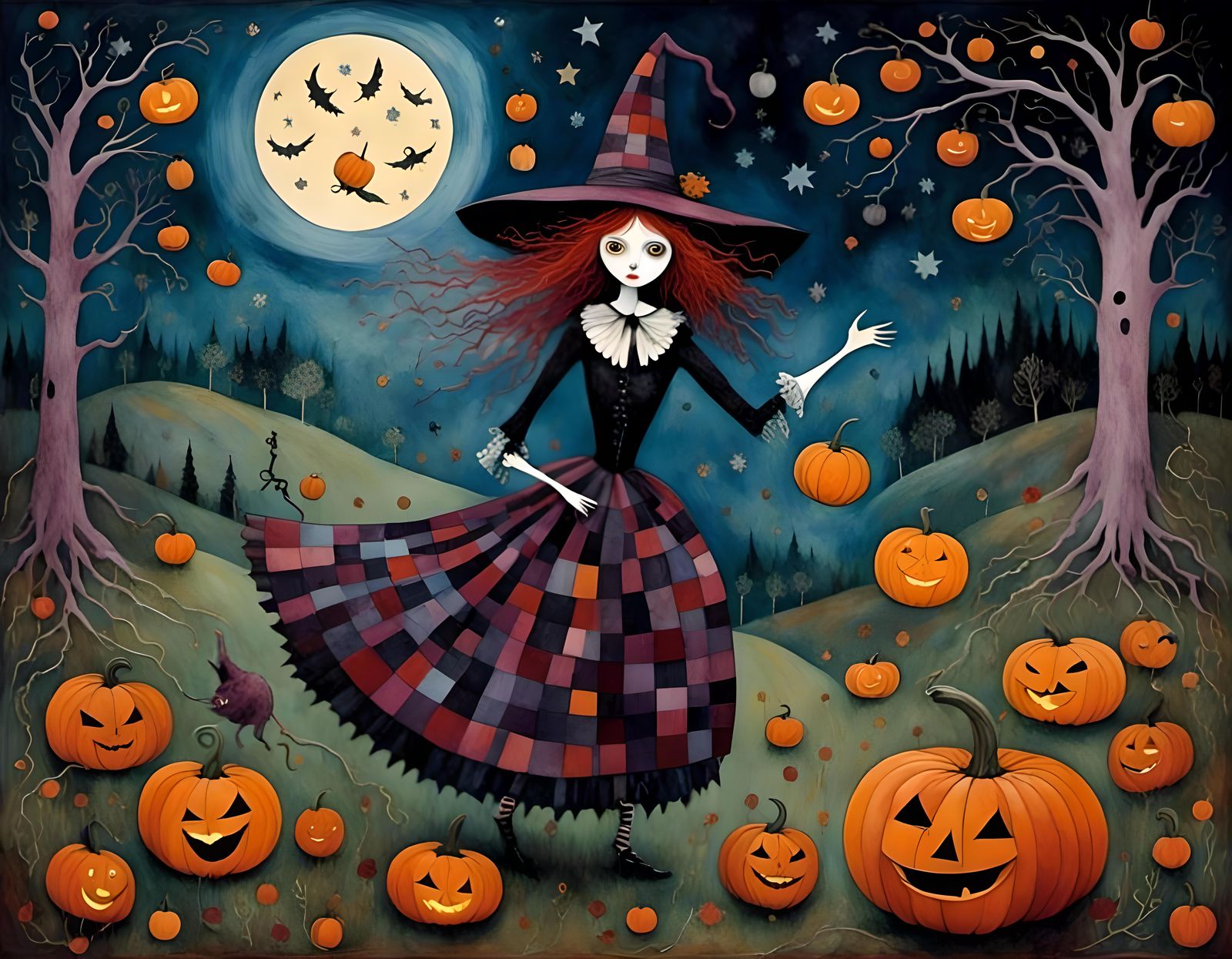 Whimsical Witch Dance Under the Moon, in Burton Style
