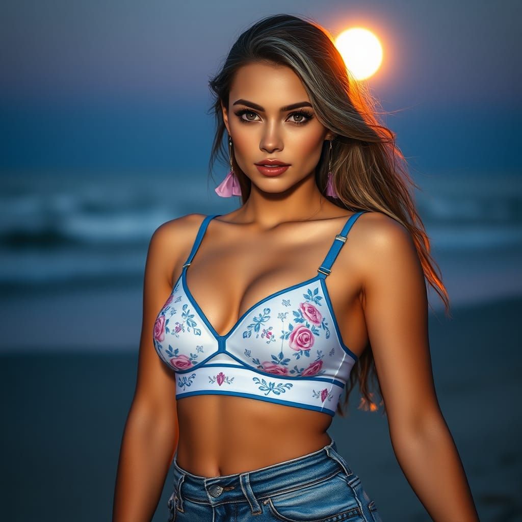 Heart-Faced Woman on Beach in Detailed Digital Art