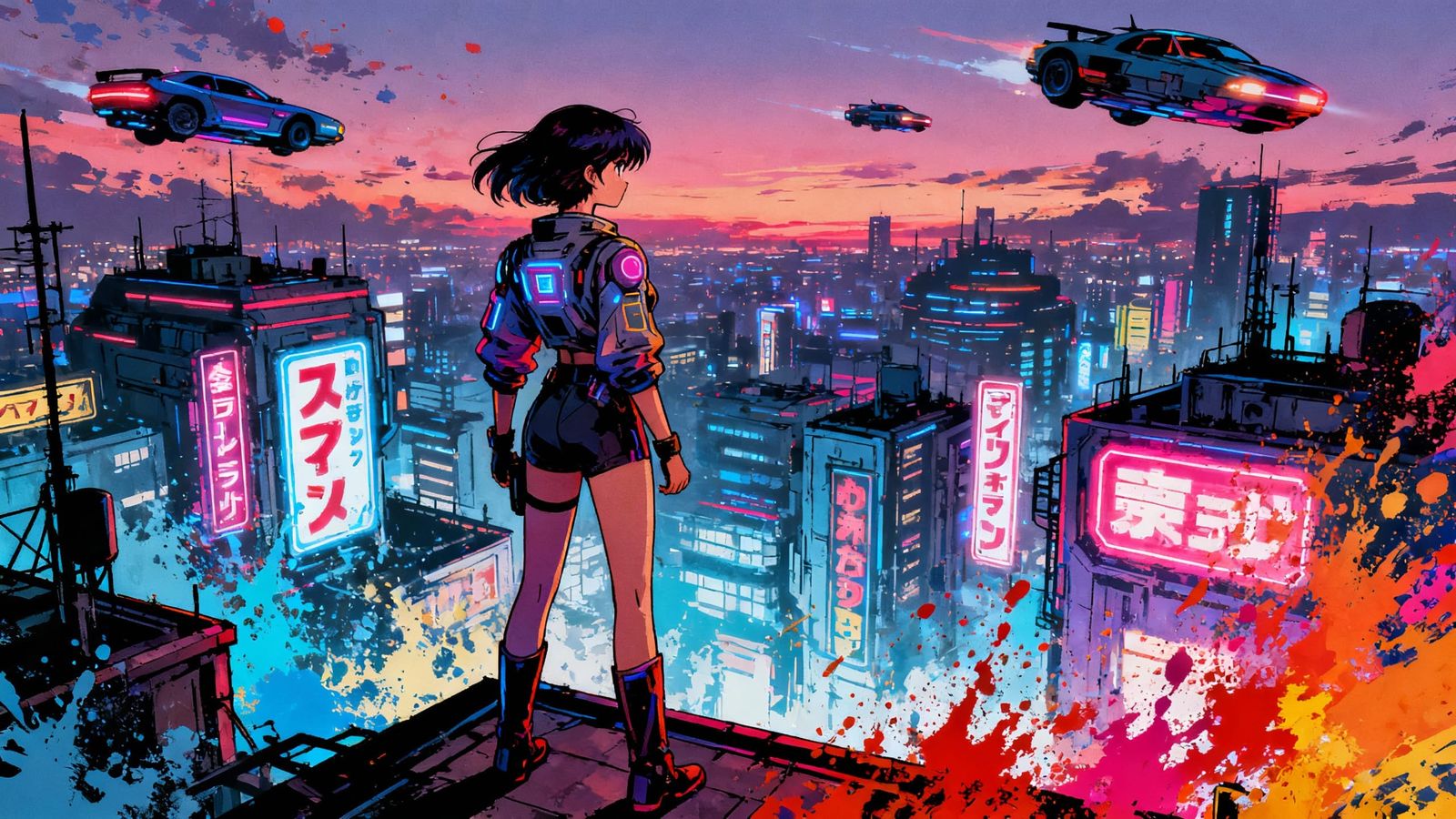 Retro-Futuristic Cityscape at Twilight with Flying Cars