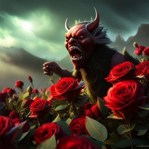 Bugbear Portrait Screaming in Rose Field, Detailed Digital A...