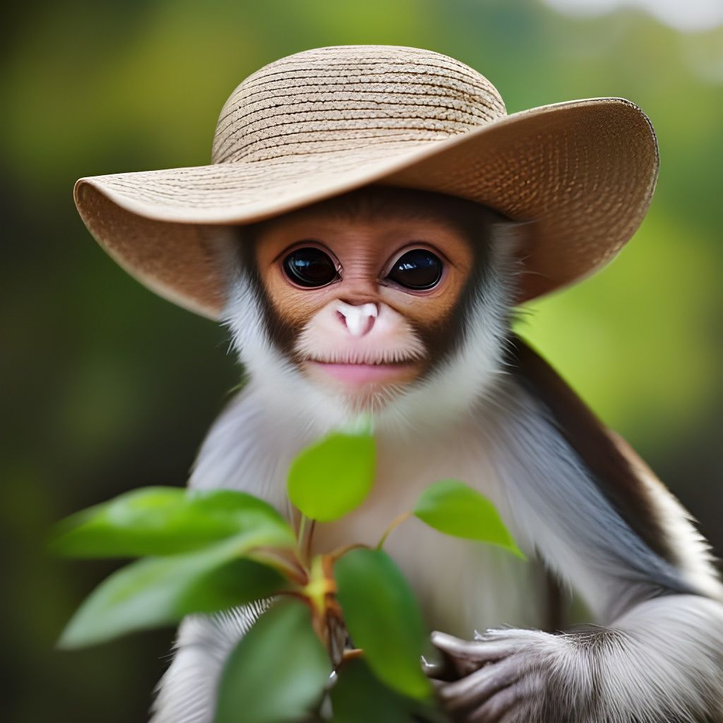 Cute Capuchin Monkey in Straw Hat Oil Painting