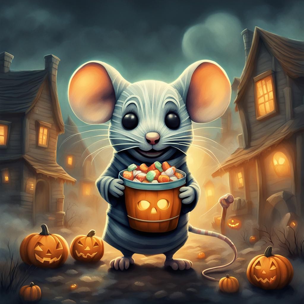 Bandaged Mouse Trick-or-Treating in Foggy Village