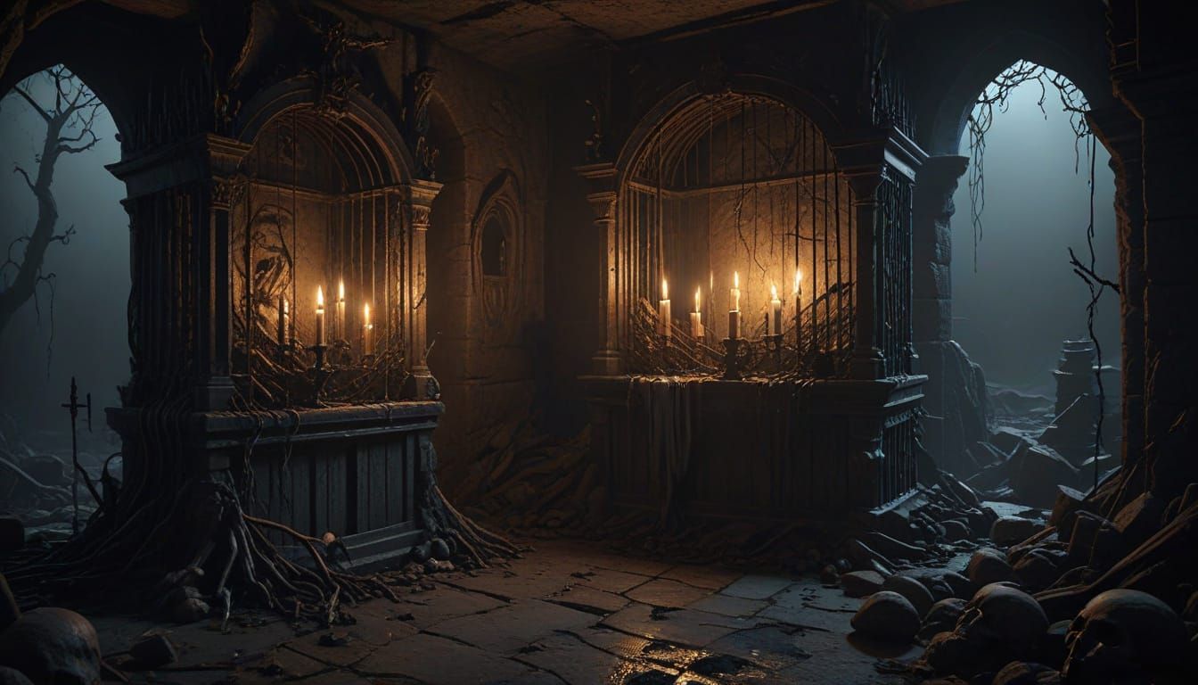 Dark Fantasy Coven of Witches Brewing Potions in Stone Chamb...