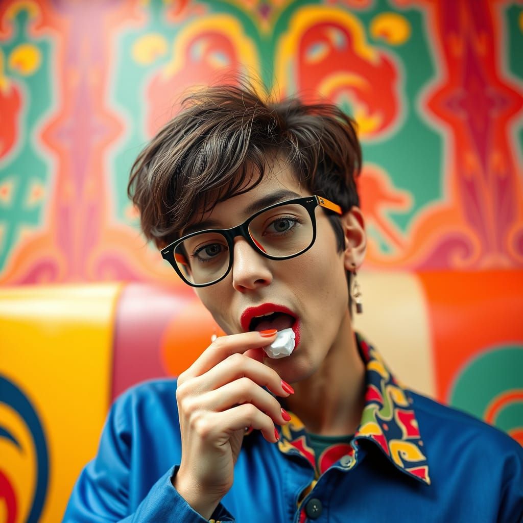 Person Chewing Gum in Surreal Pop Art Style