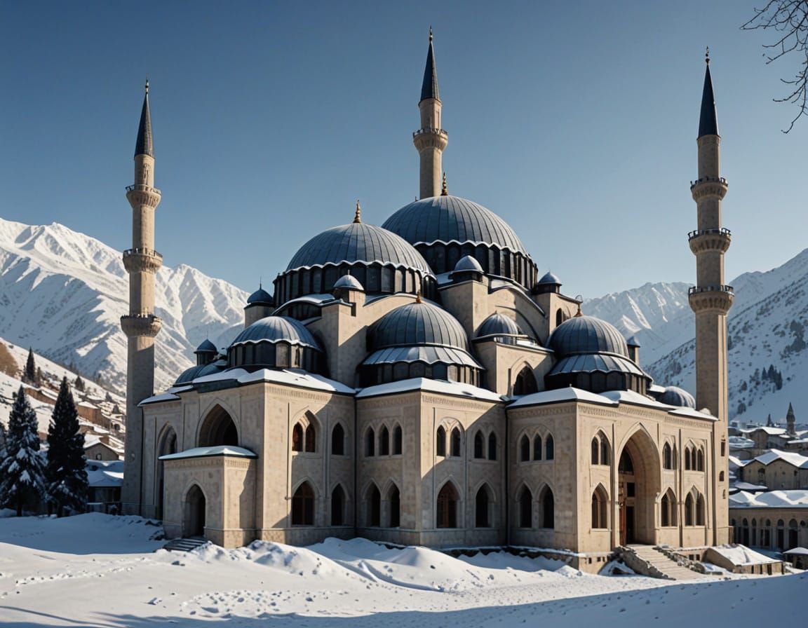 Surreal Winter Scene of a Grand Mosque in Ottoman Style