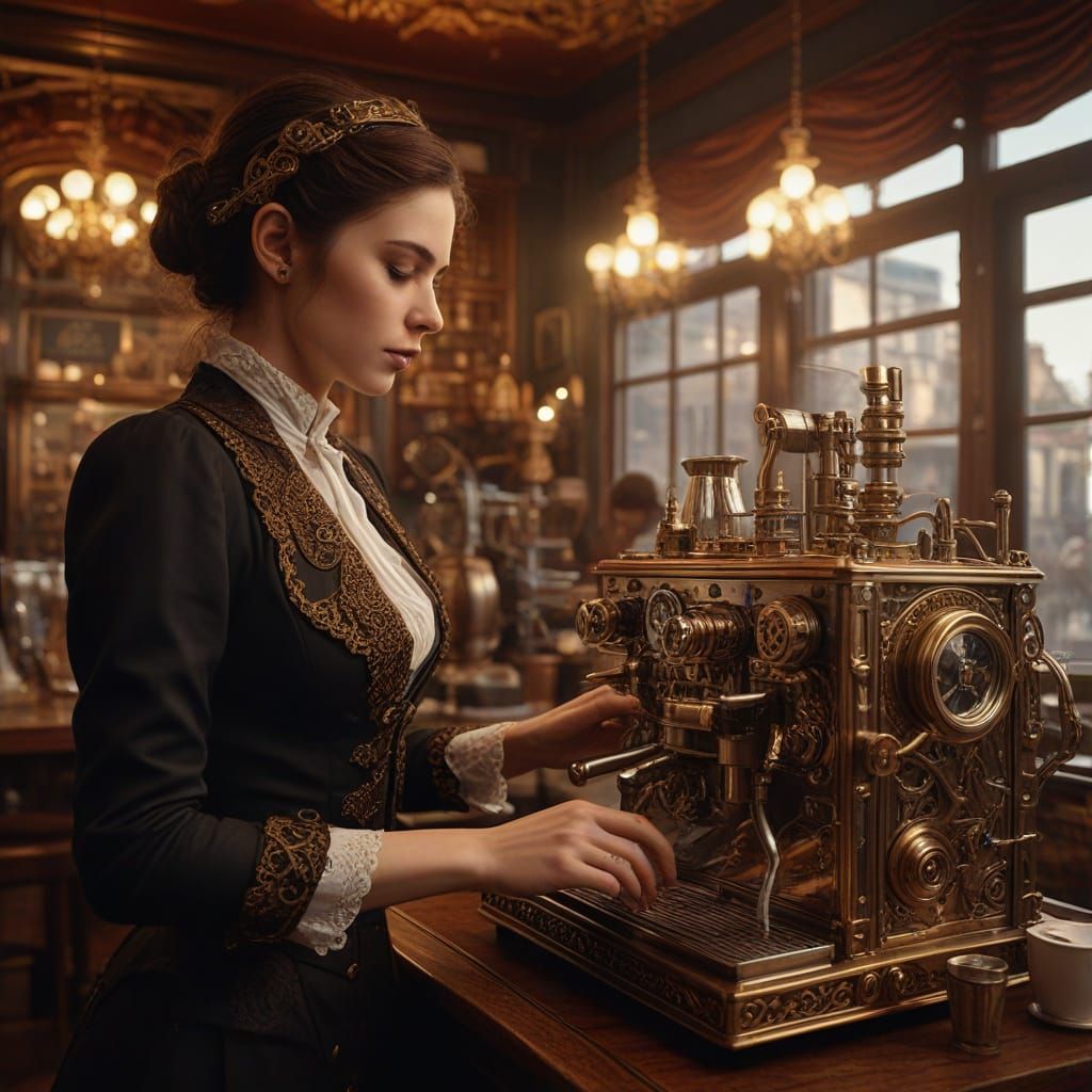 Woman Operates Steampunk Espresso Machine in French Cafe