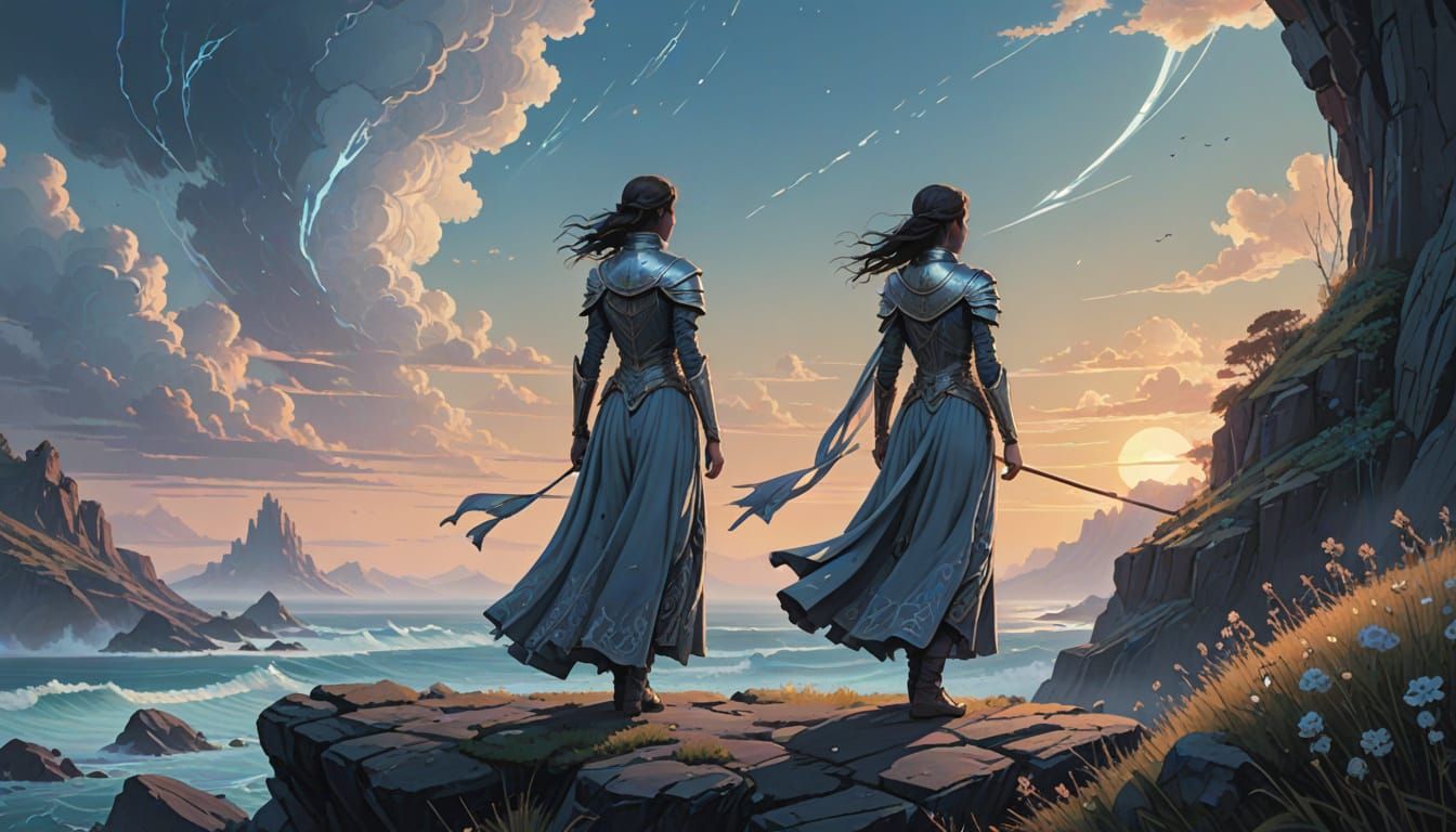 Romantic Warrior and Lover Embrace on Windswept Cliff