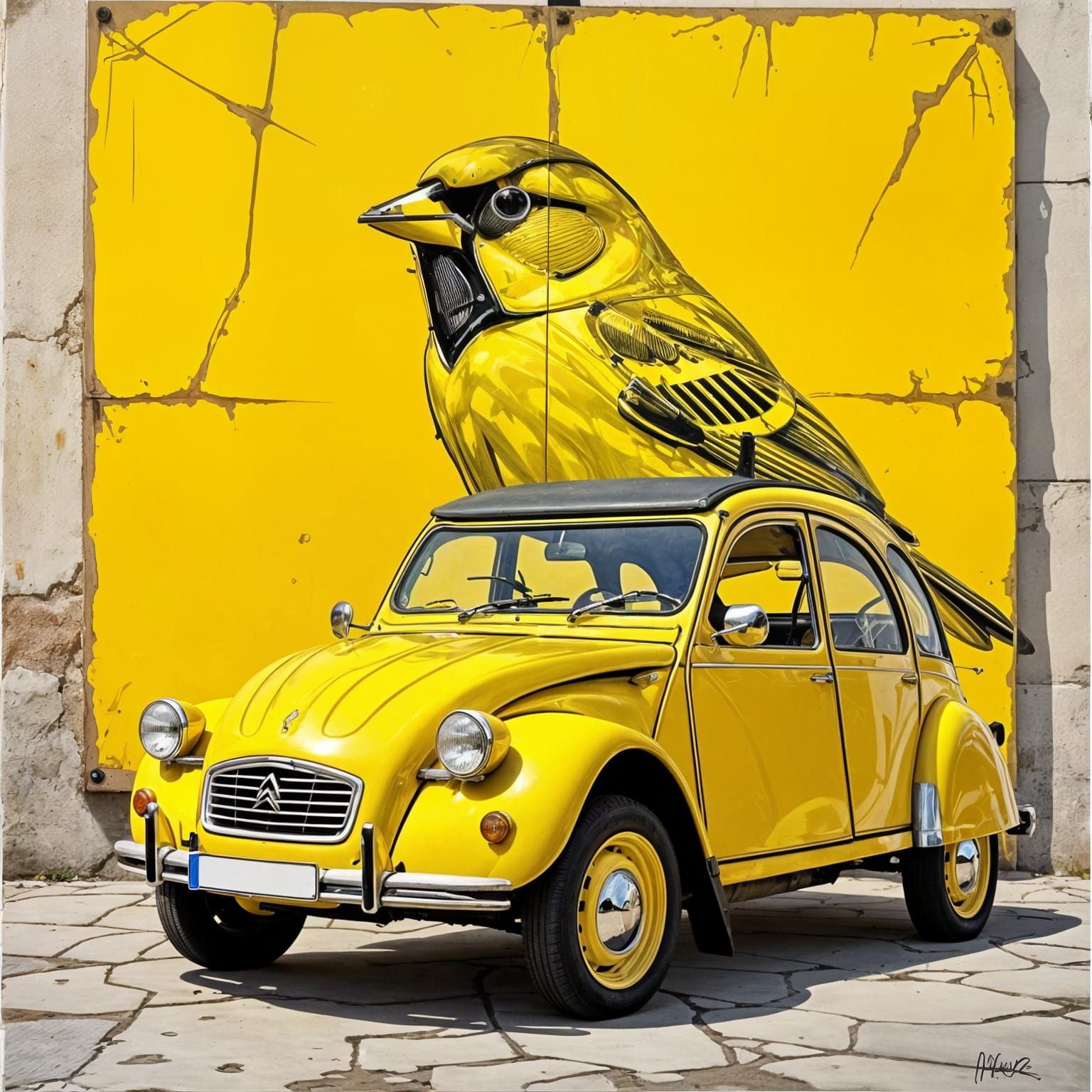 Pencil Sketch: Yellow Citroen 2CV and Canary Poster