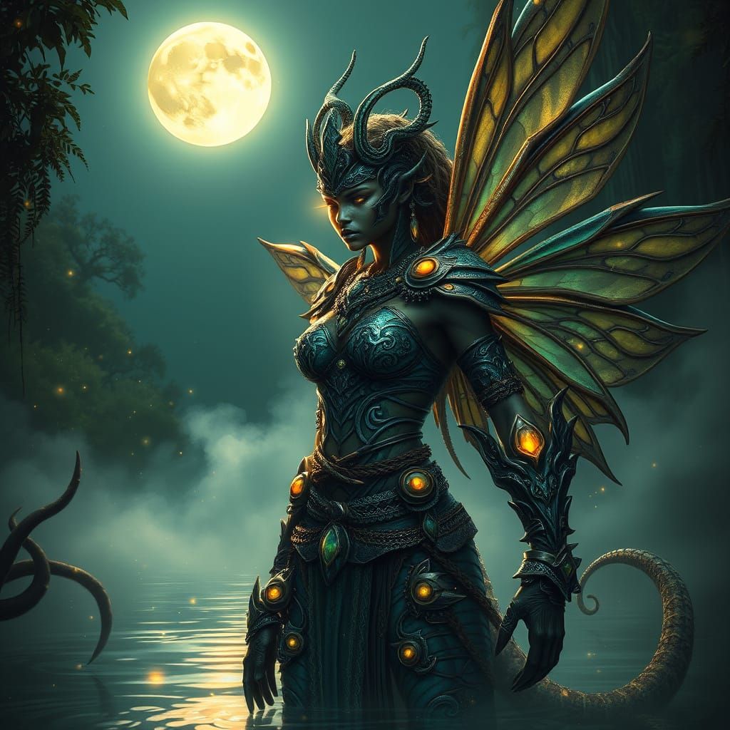 Mystical Bayou Warrior Fairy in Radiant Full Moonlight