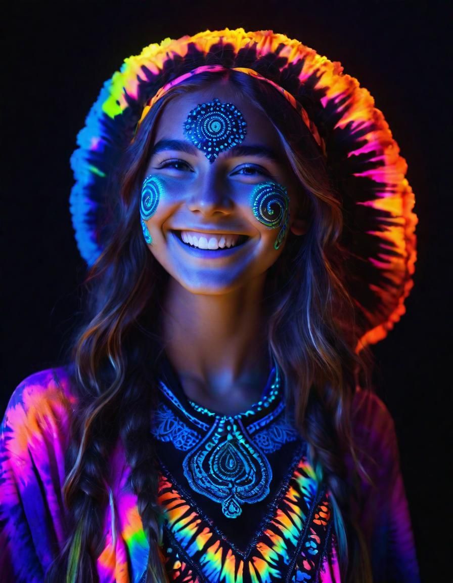 Psychedelic Black Light Portrait of Smiling Woman