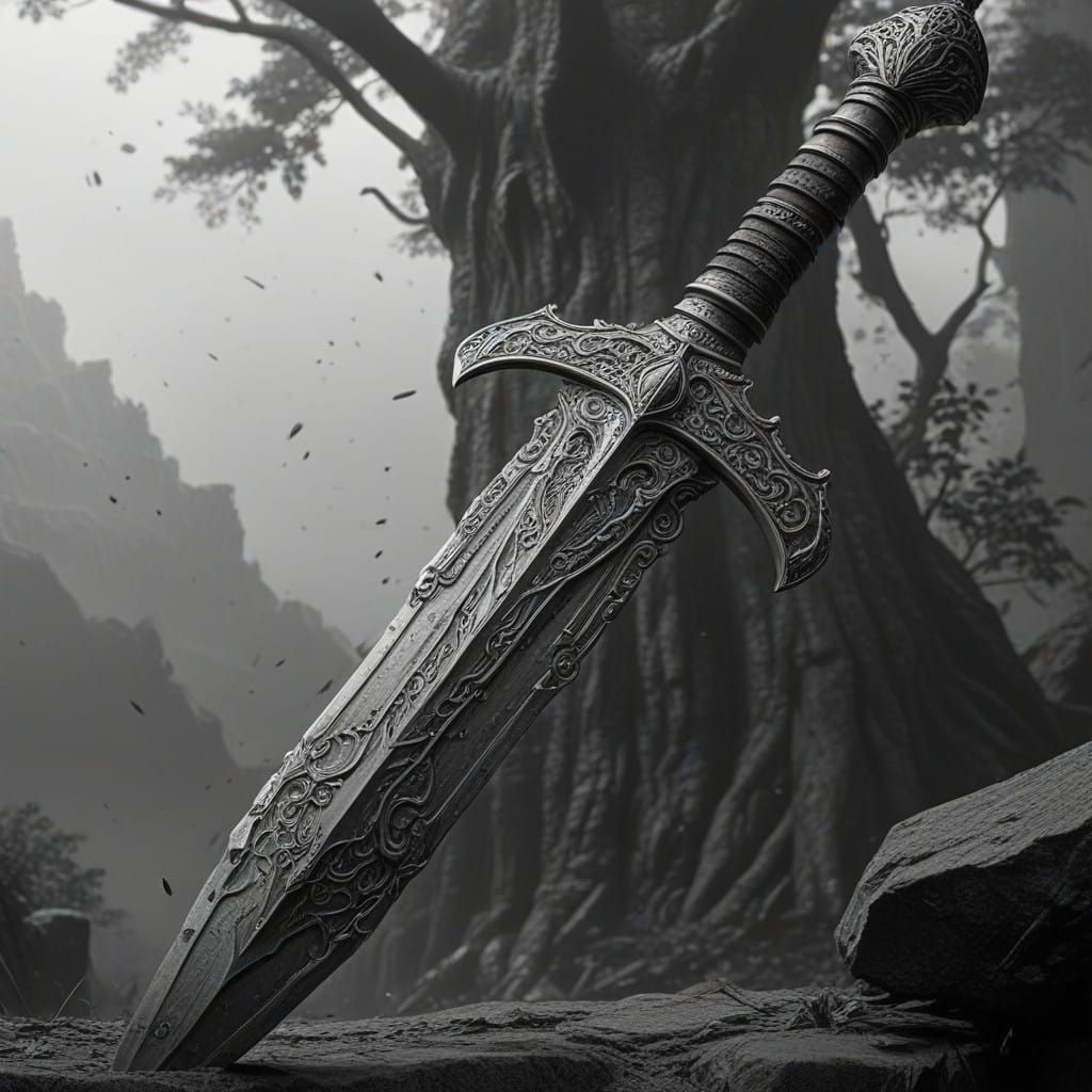 Intricate Black and White Sword Drawing in Historic Style