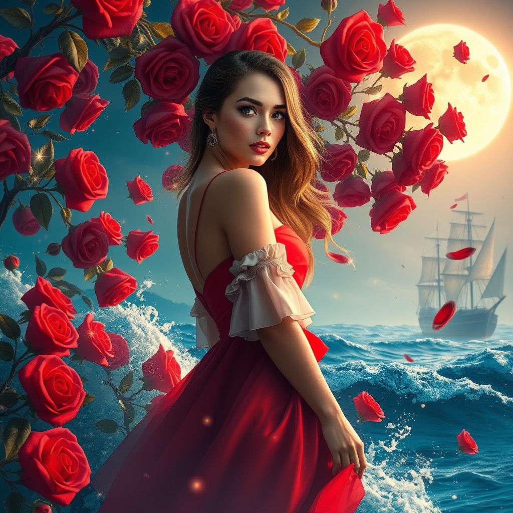 Woman in Red Dress with Roses, Fantasy Concept Art