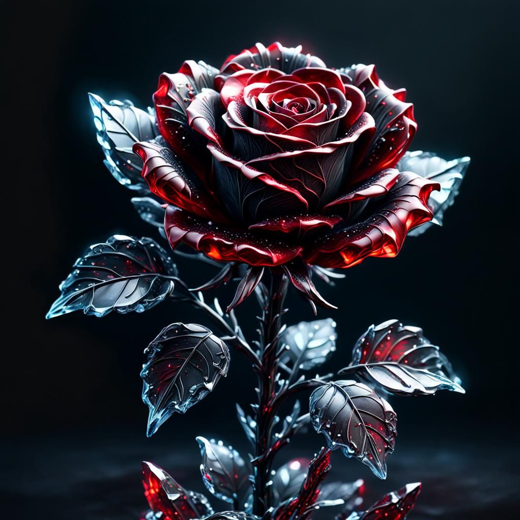 Detailed Crystal Sculpture of a Black and Red Rose