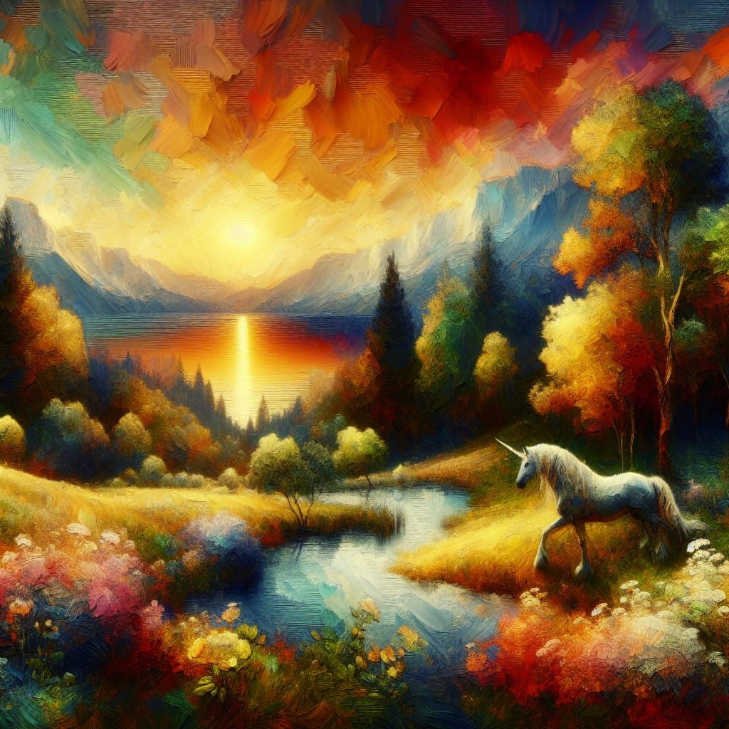 Impressionistic Landscape with Unicorn in Sunset Light