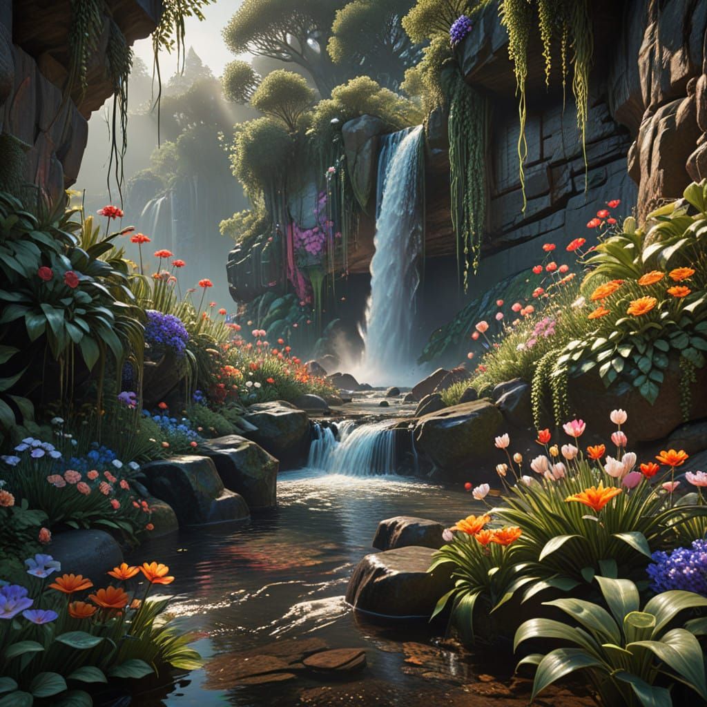 Mystical Waterfall in Vibrant Colors, Cinematic Lighting