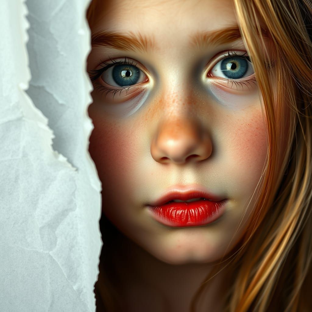 Portrait of a Young Girl Behind Torn Paper