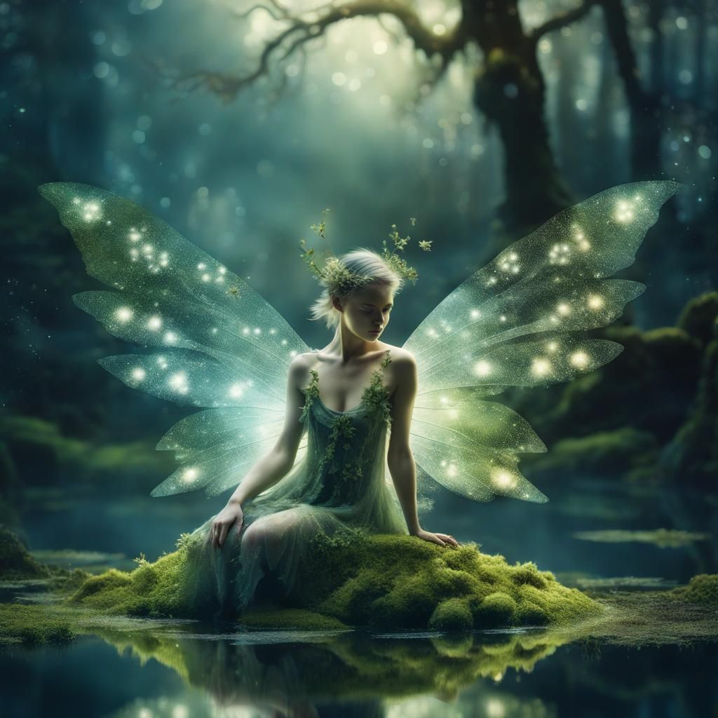 Ethereal Fairy Double Exposure in Forest Pool