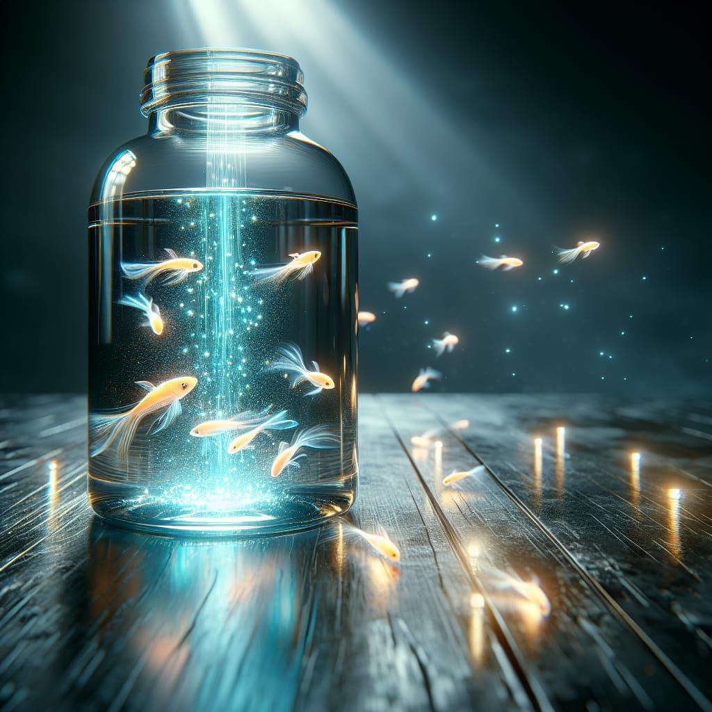 Luminous Fish in Glass Bottle: Photorealistic Still Life
