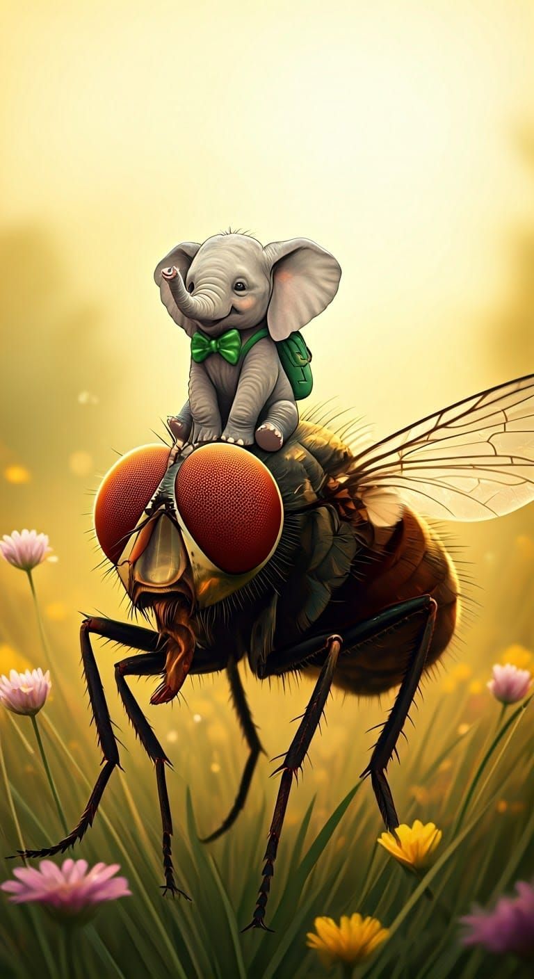 Elephant and Fly in Whimsical Watercolor Meadow