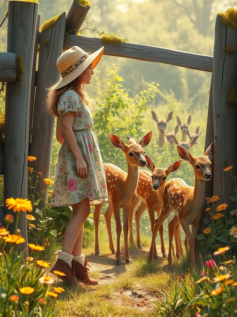 Garden Visitor: Woman and Deer in Impressionist Style